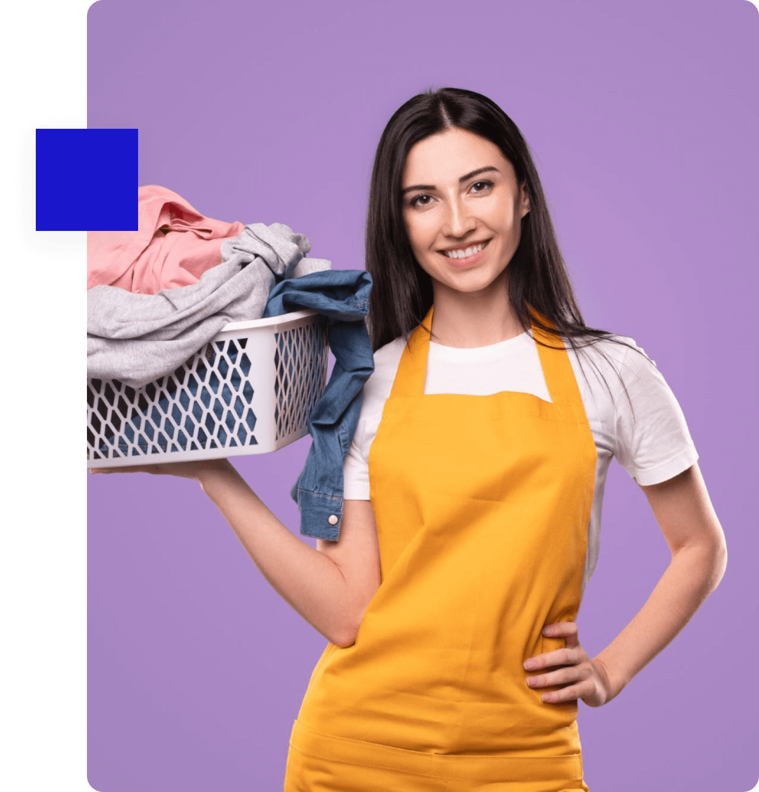 On The Go Cleaners laundry professional holding a basket of freshly cleaned clothes